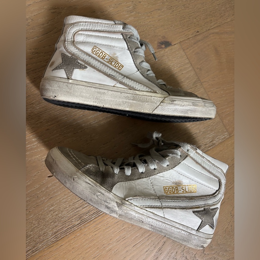Golden Goose Slide High-Top Sneakers in White and Gray with Gold Logo - Picture 3 of 12
